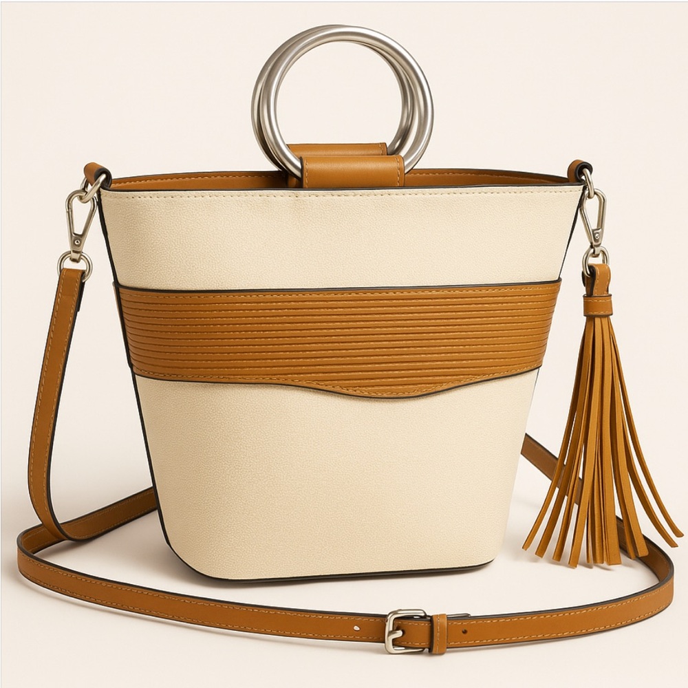 Tan and Cream Women's Bag with Tassel